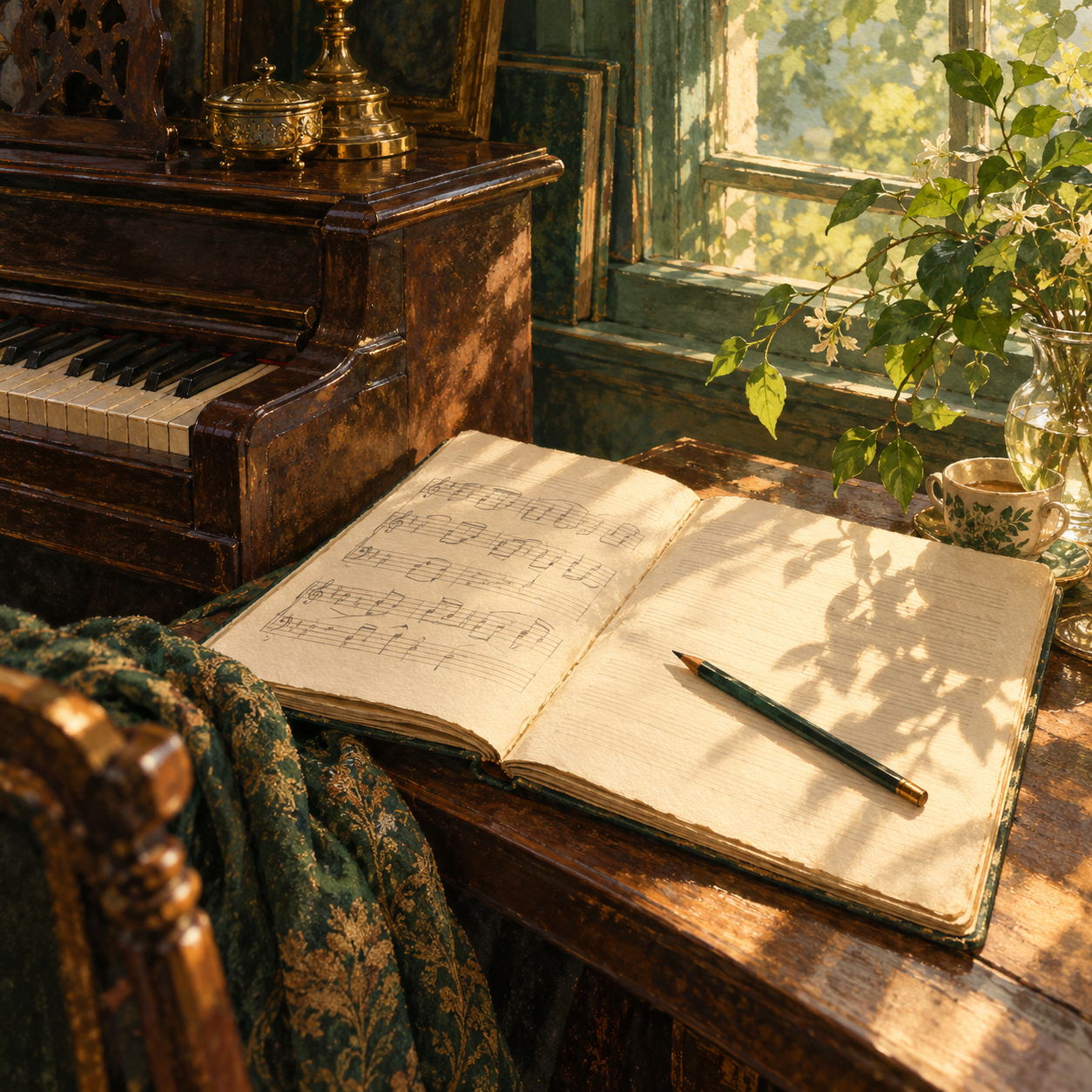 Trang nhạc mở bên đàn piano, trang trống và cây bút chờ viết tiếp.