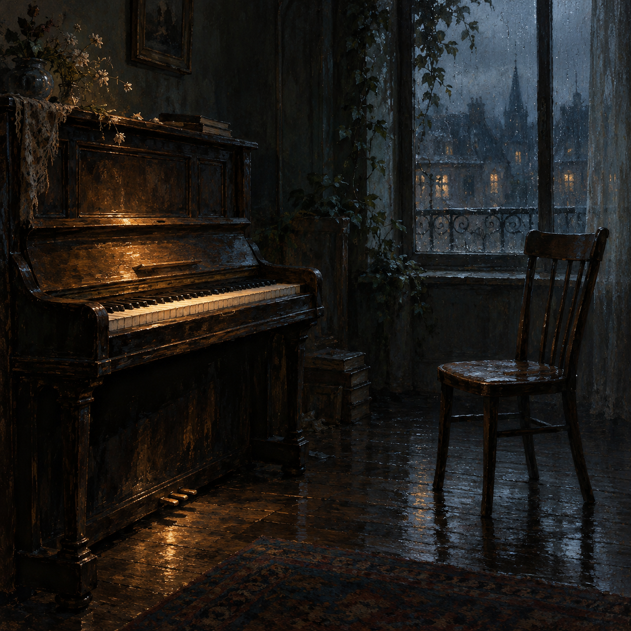 Chiếc ghế trống lùi xa cây đàn piano, chìm trong bóng xanh bên cửa sổ mưa; chút ánh sáng còn trên phím đàn.