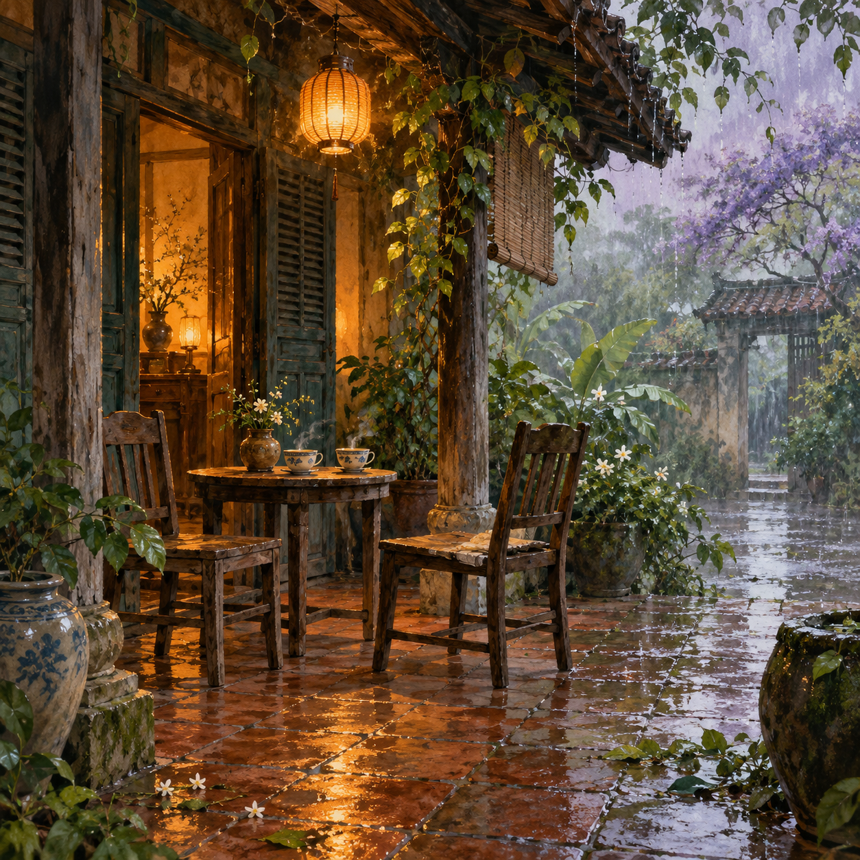 Hai chiếc ghế và hai chén trà dưới hiên ấm sáng giữa mưa.