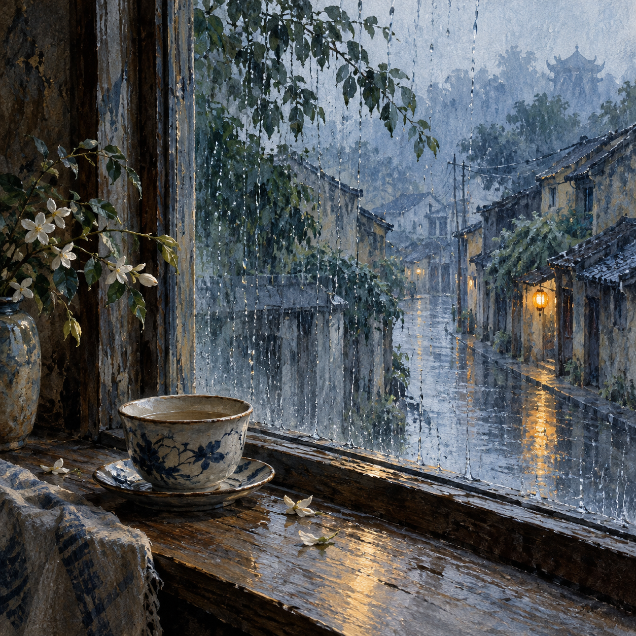 Chén trà nguội bên ô cửa nhìn ra con phố xanh mưa.